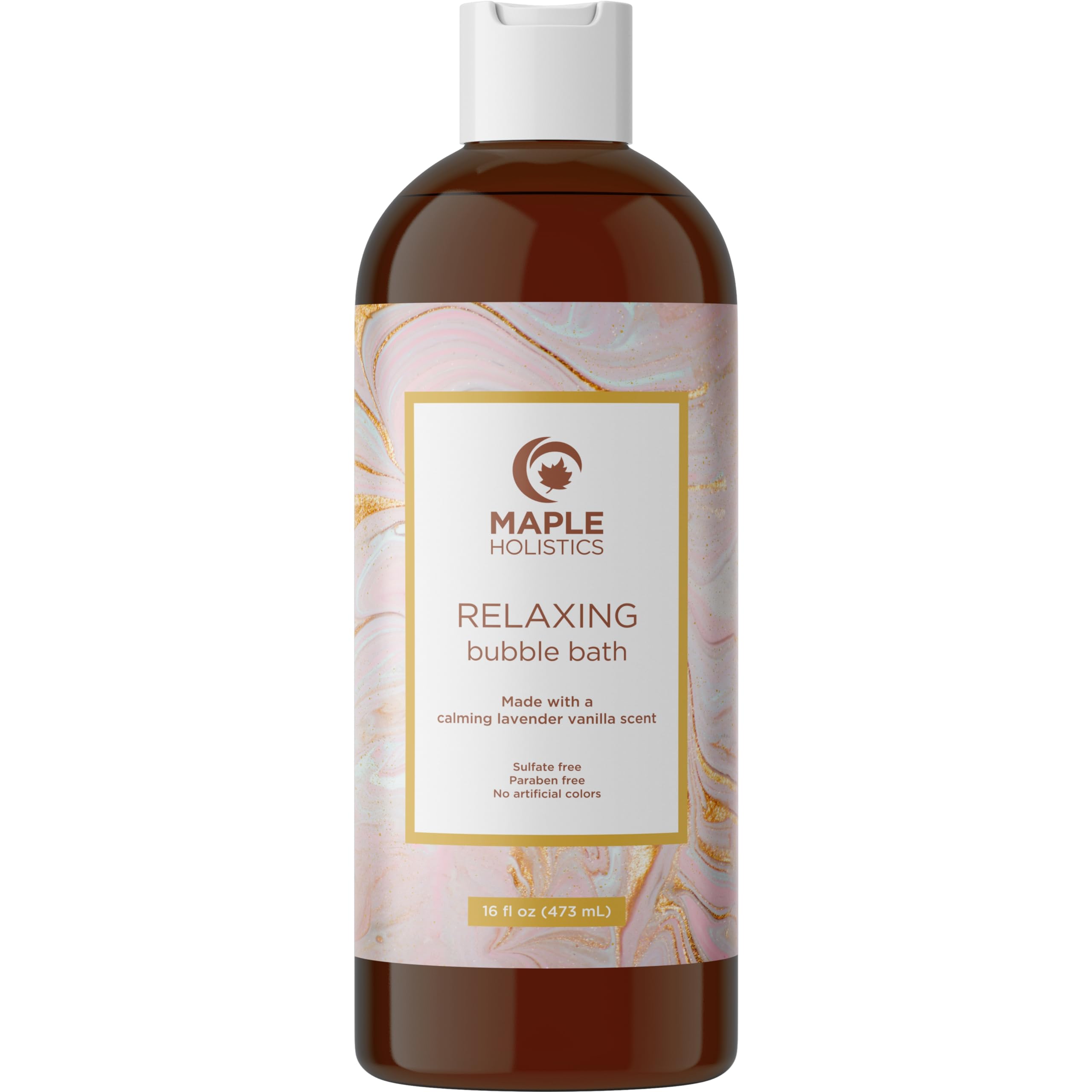 Maple Holistics lavender bubble bath bottle offers a calming bath ritual.