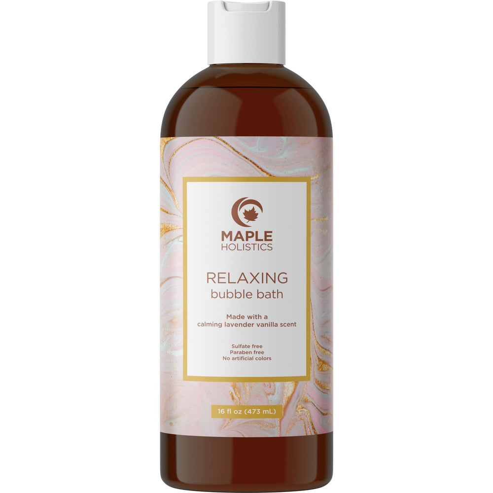 Maple Holistics lavender bubble bath bottle offers a calming bath ritual.