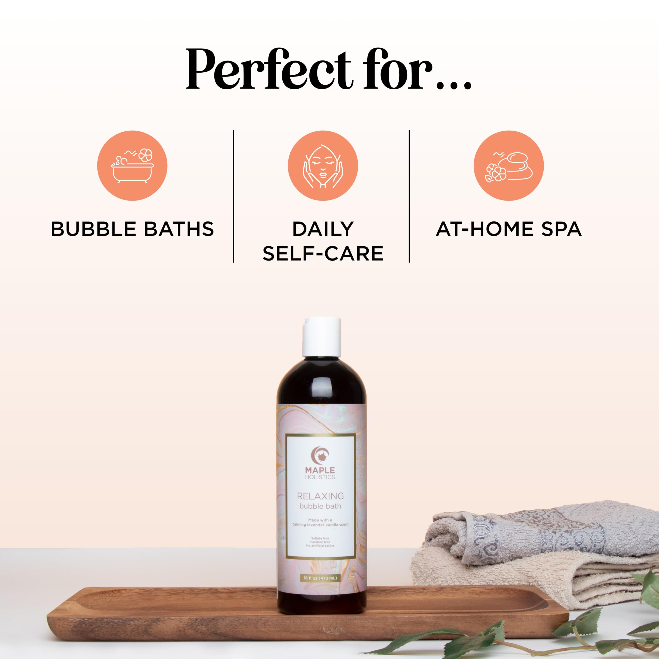 Maple Holistics lavender bubble bath foam in tub delivers rich foam and relaxation.
