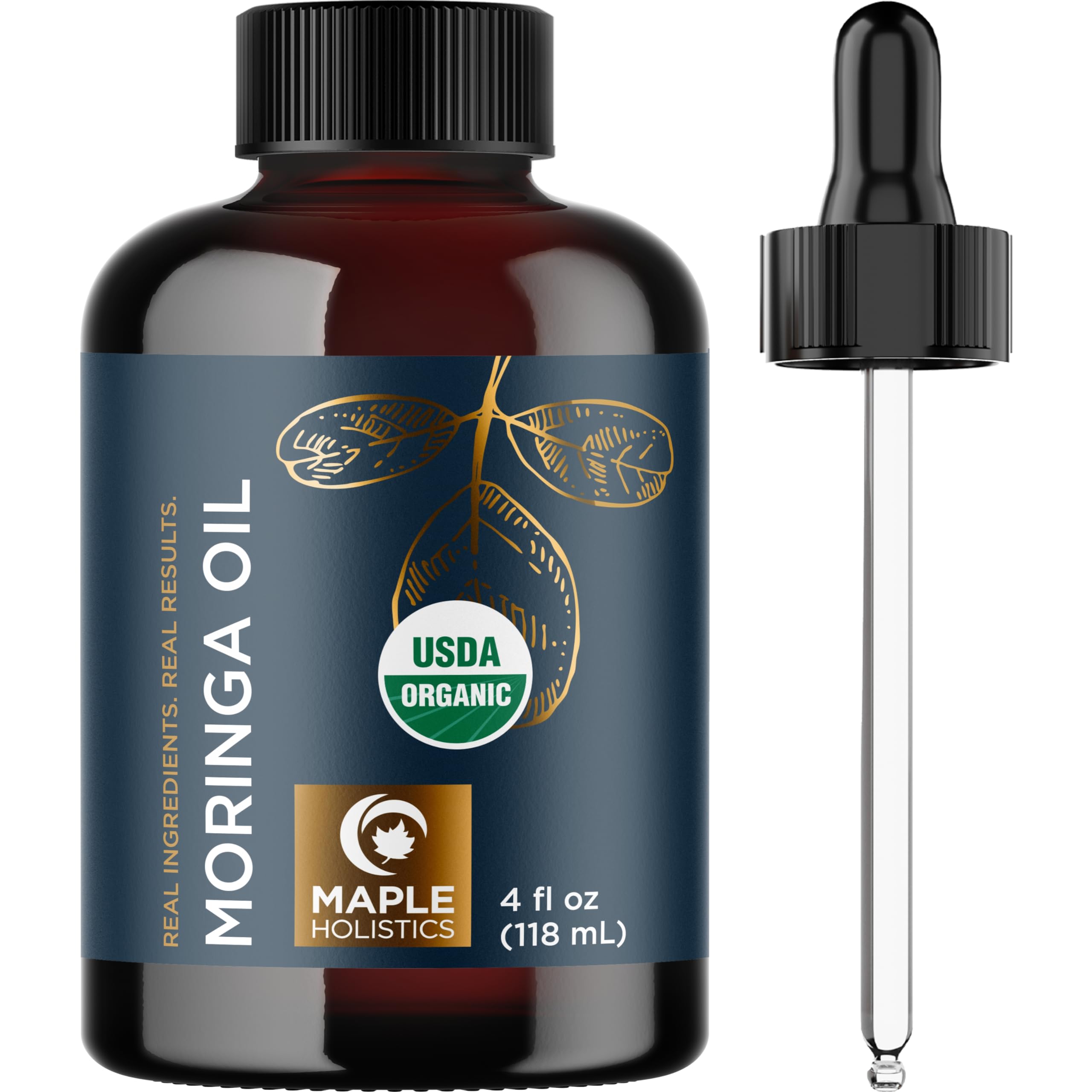 Maple Holistics Moringa Oil bottle pour for hair and skin hydration.