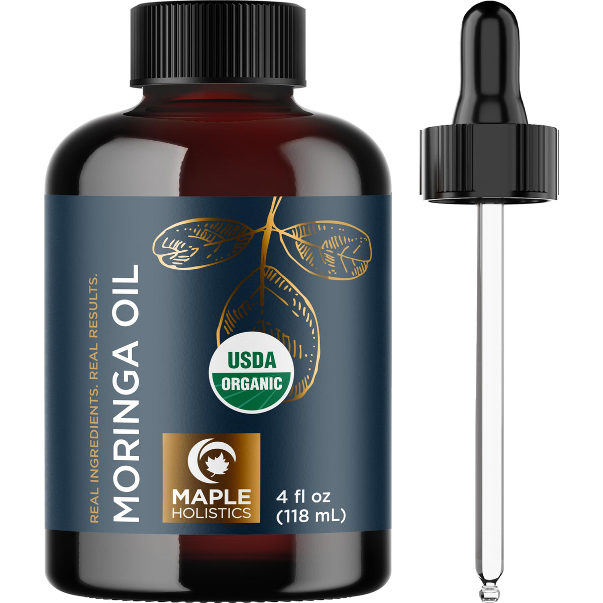 Maple Holistics Moringa Oil bottle pour for hair and skin hydration.
