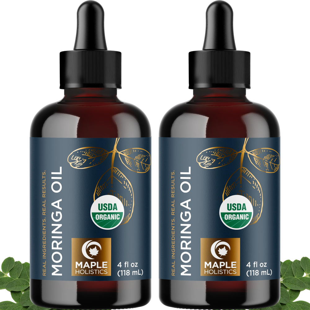 Maple Holistics Moringa Oil bottle pour showing hydrating scalp and hair benefits