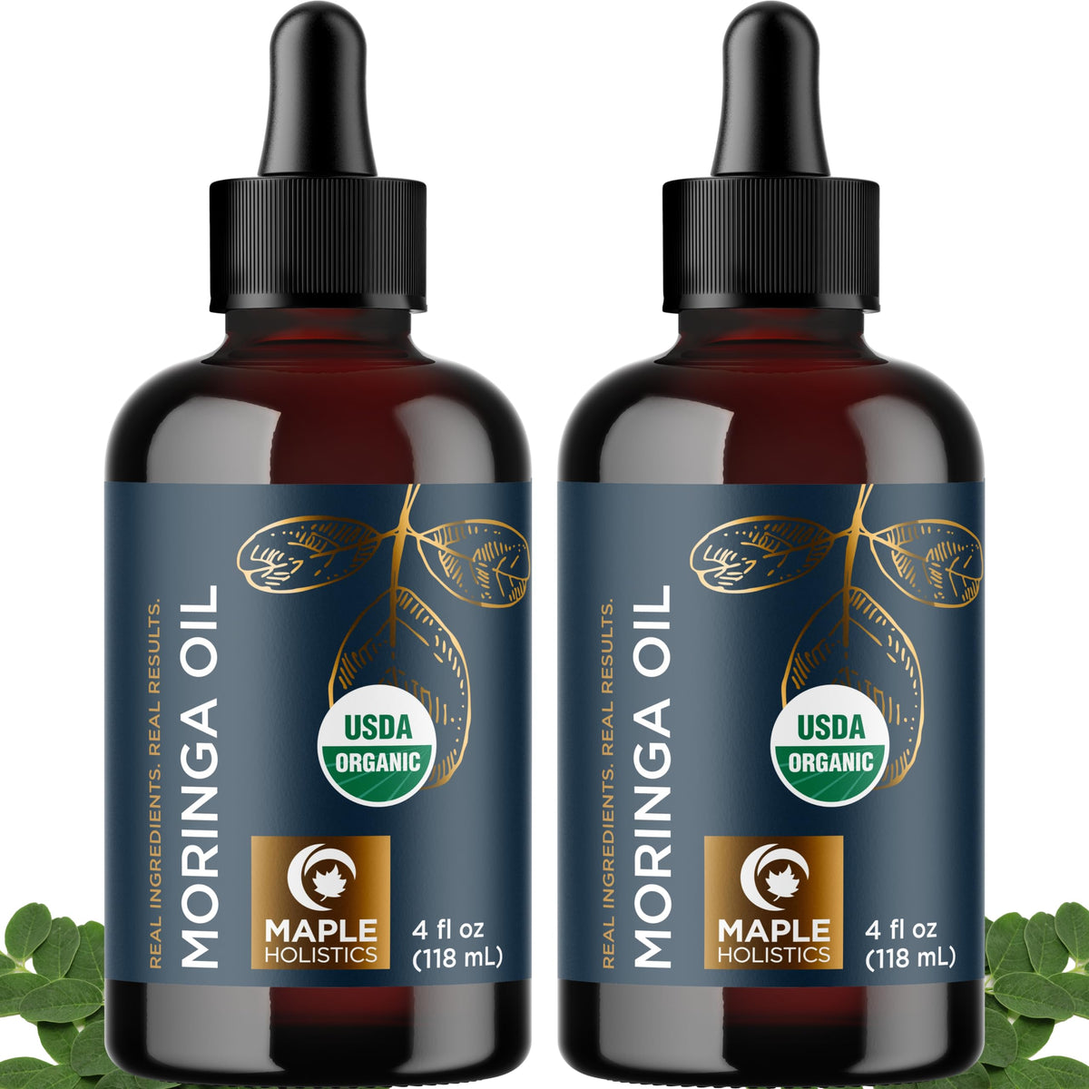 Maple Holistics Moringa Oil bottle pour showing hydrating scalp and hair benefits
