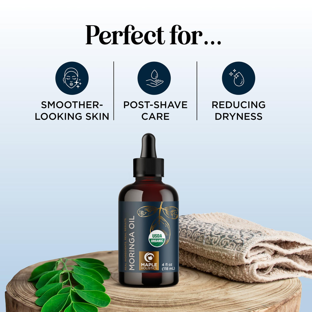 Maple Holistics Moringa Oil dropper close-up highlighting pure organic ingredients