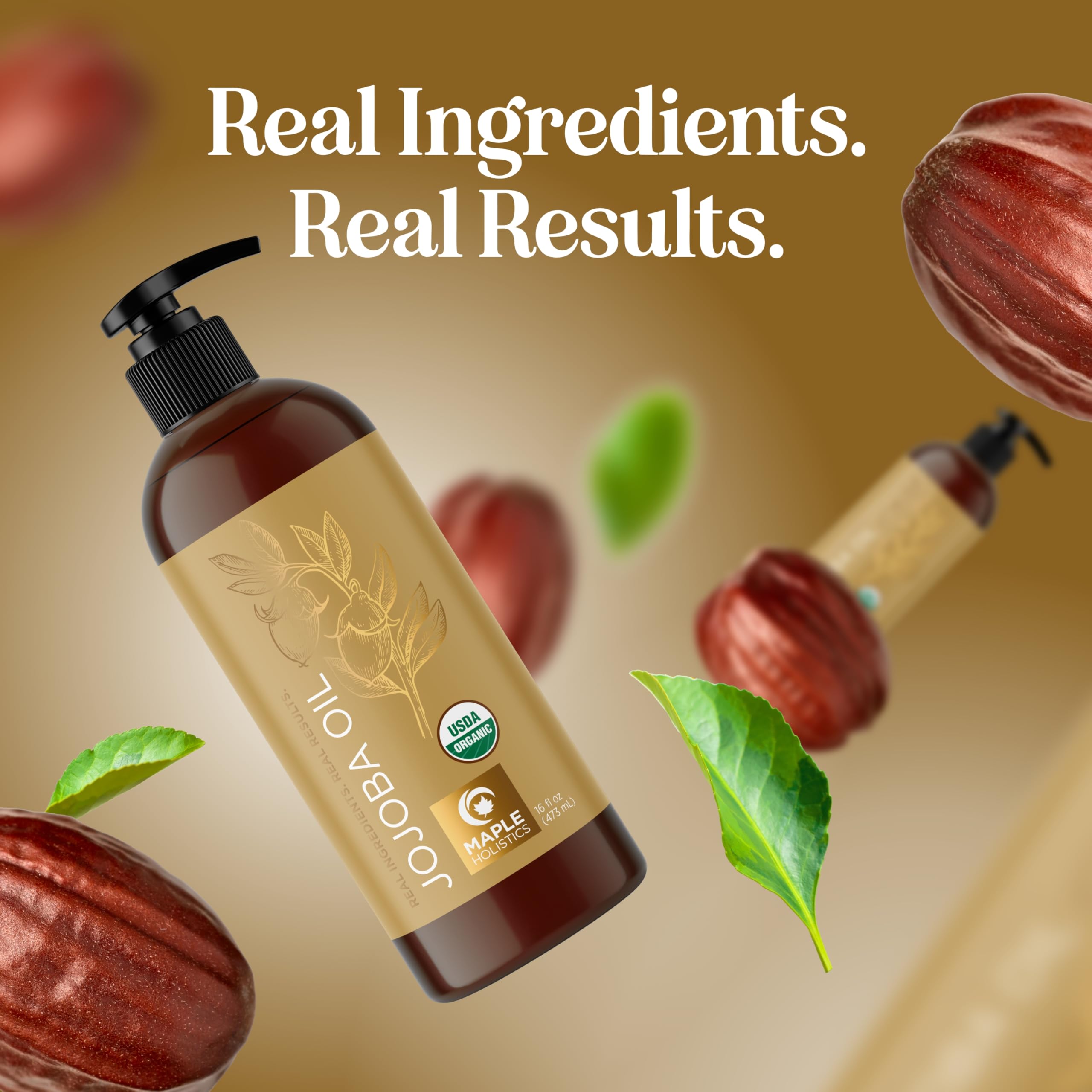 Maple Holistics organic jojoba oil cold-pressed bottle close-up