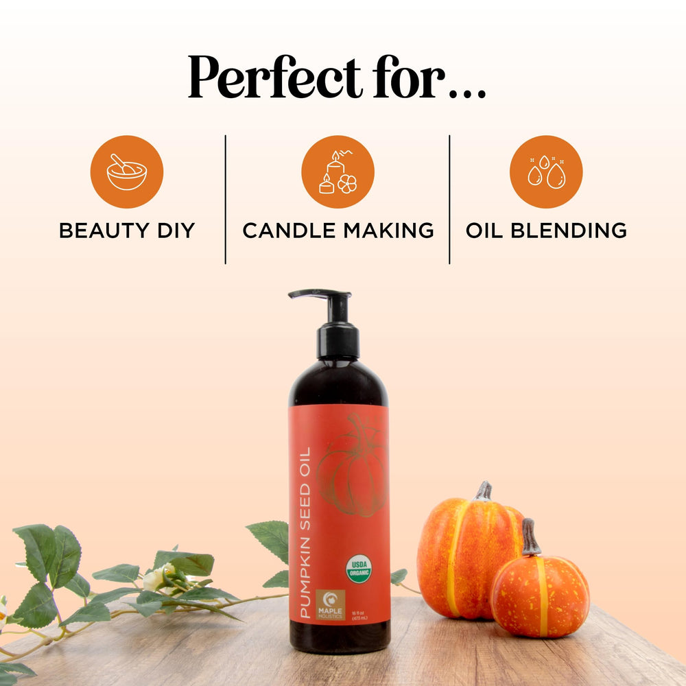 Maple Holistics pumpkin seed oil anti-aging—bottle closeup highlighting purity