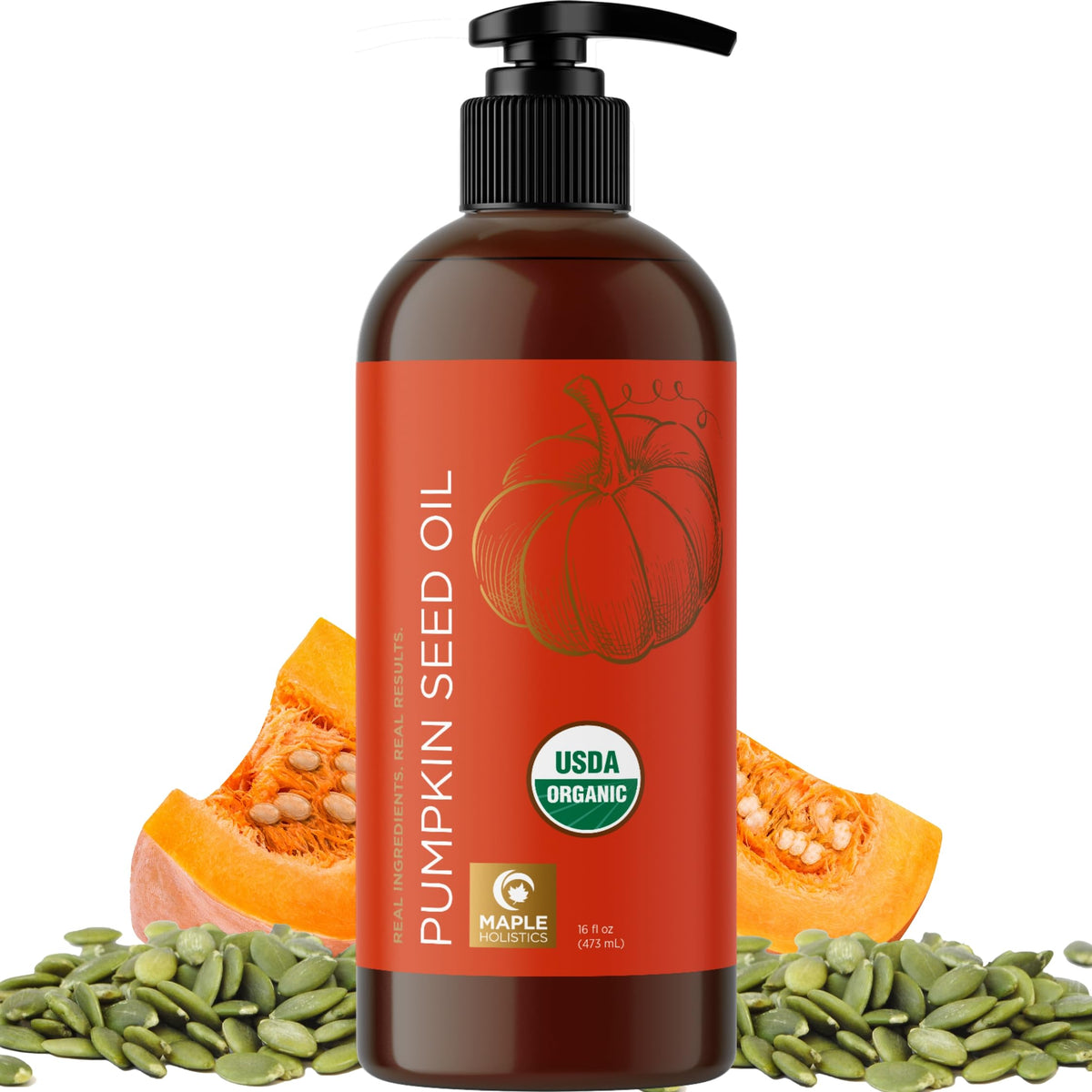 Maple Holistics pumpkin seed oil bottle—hydrating scalp support for dry hair
