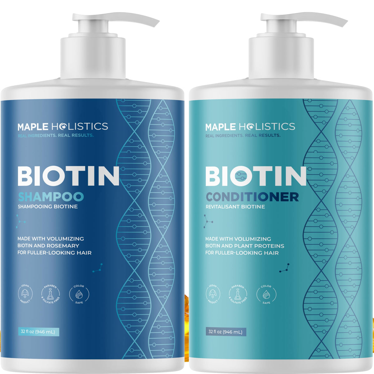 Maple Holistics rosemary biotin shampoo bottle pour boosts volume and color-safe care.