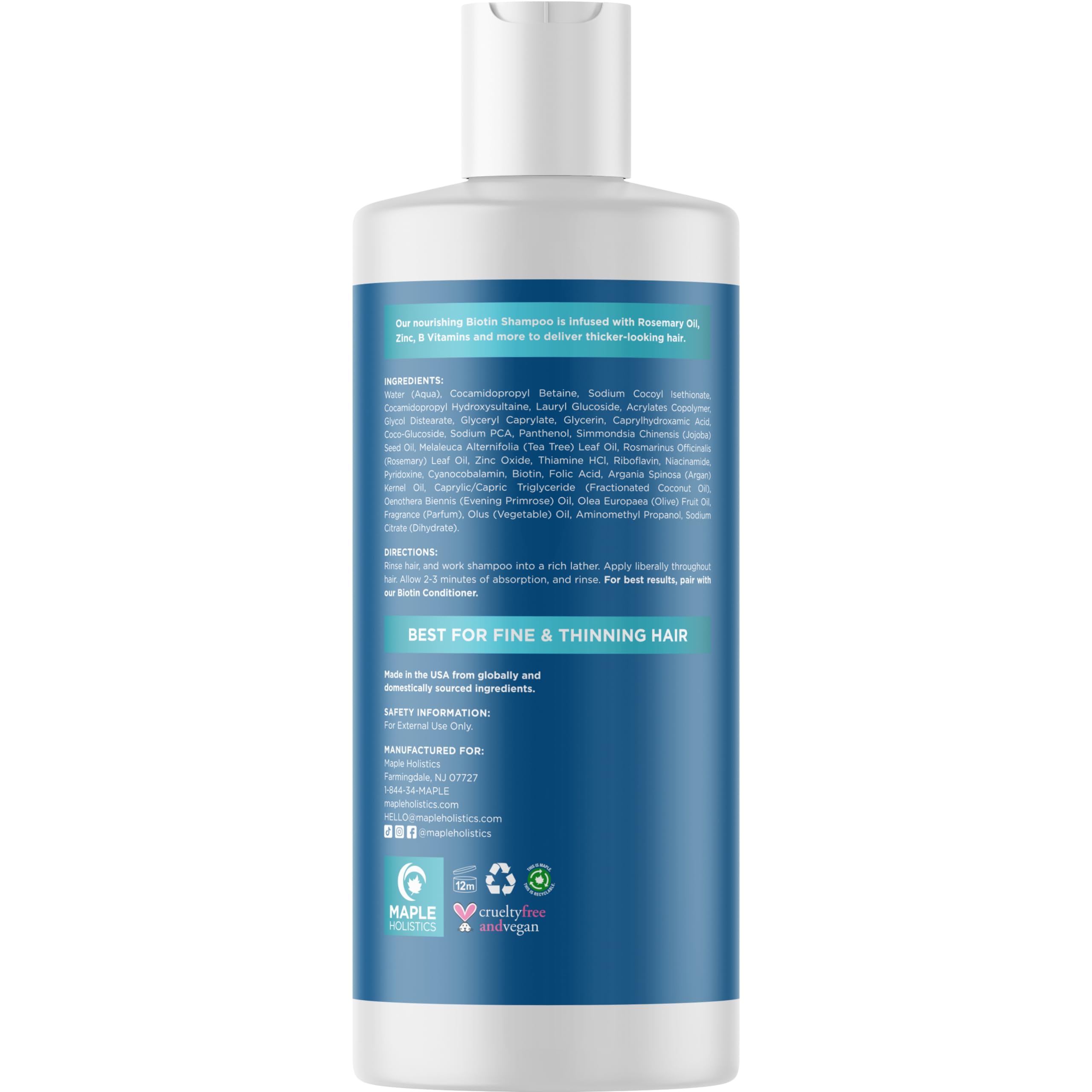 Coconut oil bottle emphasizes hydration in Maple Holistics Rosemary Biotin Shampoo
