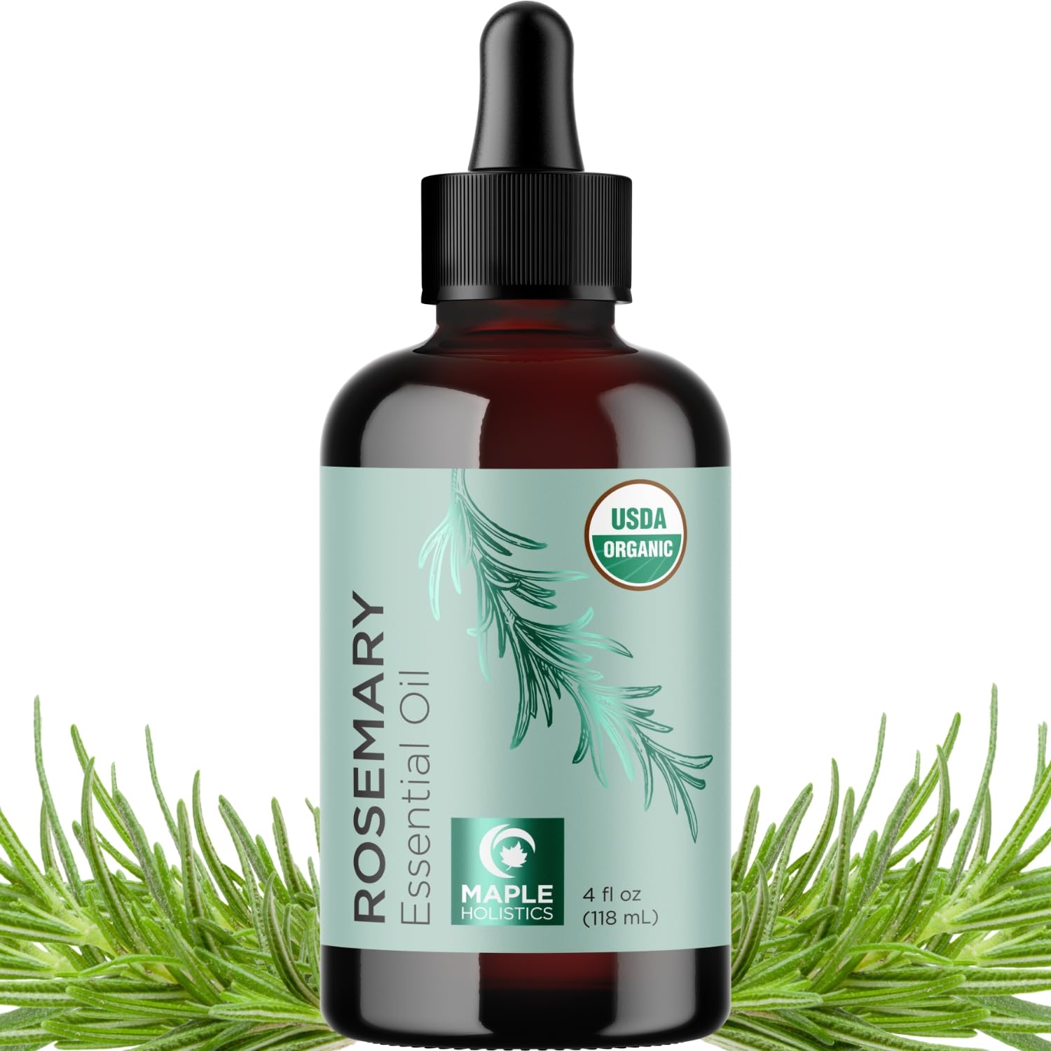 Maple Holistics rosemary oil bottle highlights pure organic formula for hair care