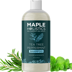 Maple Holistics Rosemary Tea Tree Mint Shampoo bottle close-up signals refreshing scalp care