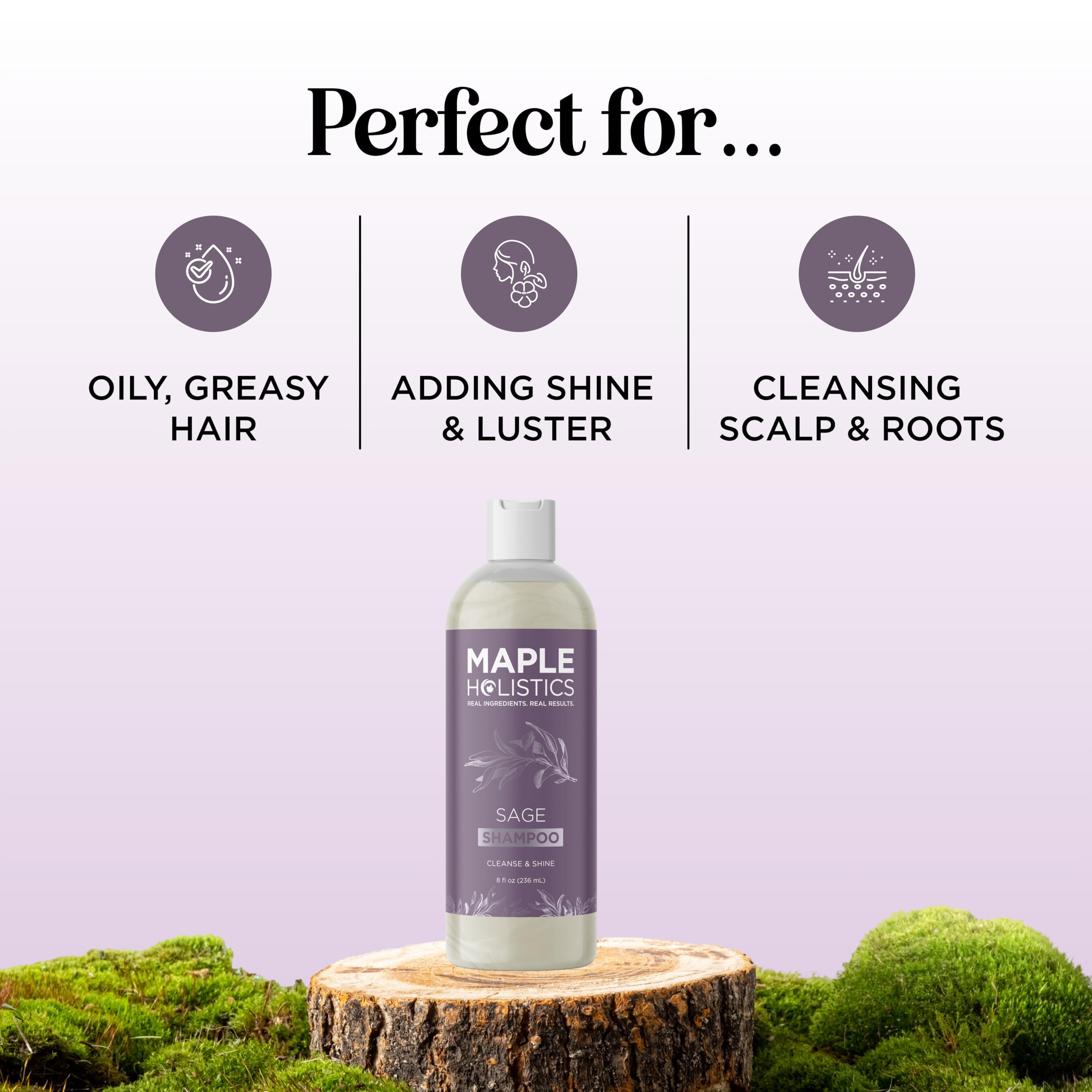 Maple Holistics Sage Rosemary Shampoo bottle on bathroom shelf emphasizes clean, herbal care.