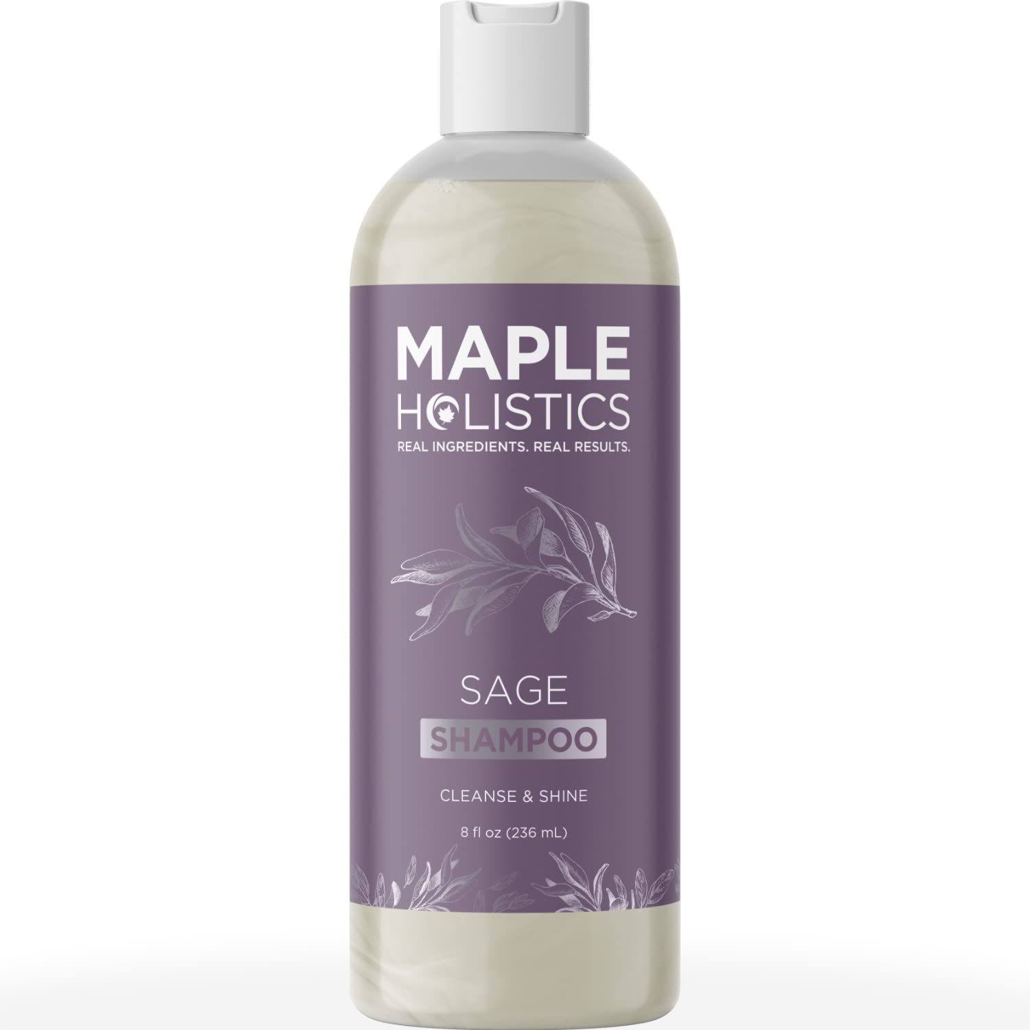Maple Holistics Sage Rosemary Shampoo bottle on sink highlights clarifying scalp care.
