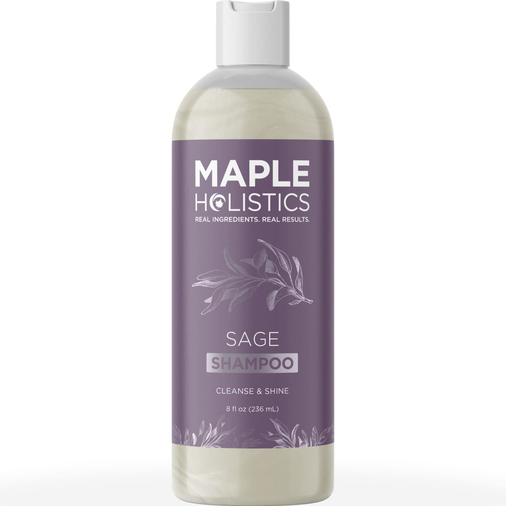 Maple Holistics Sage Rosemary Shampoo bottle on sink highlights clarifying scalp care.