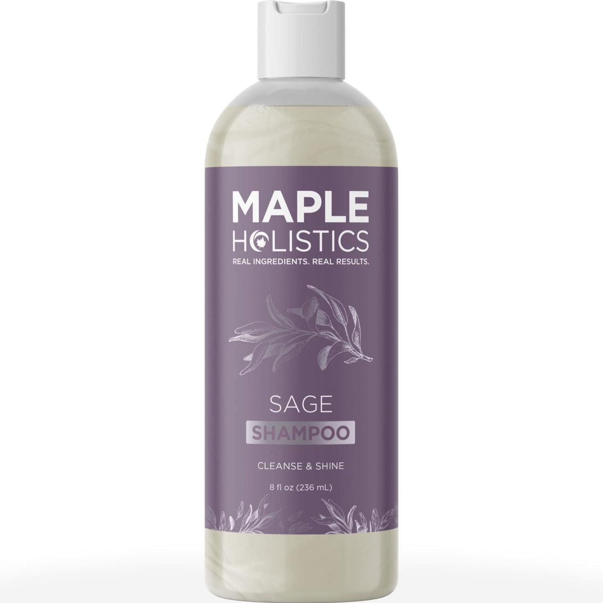 Maple Holistics Sage Rosemary Shampoo bottle on sink highlights clarifying scalp care.