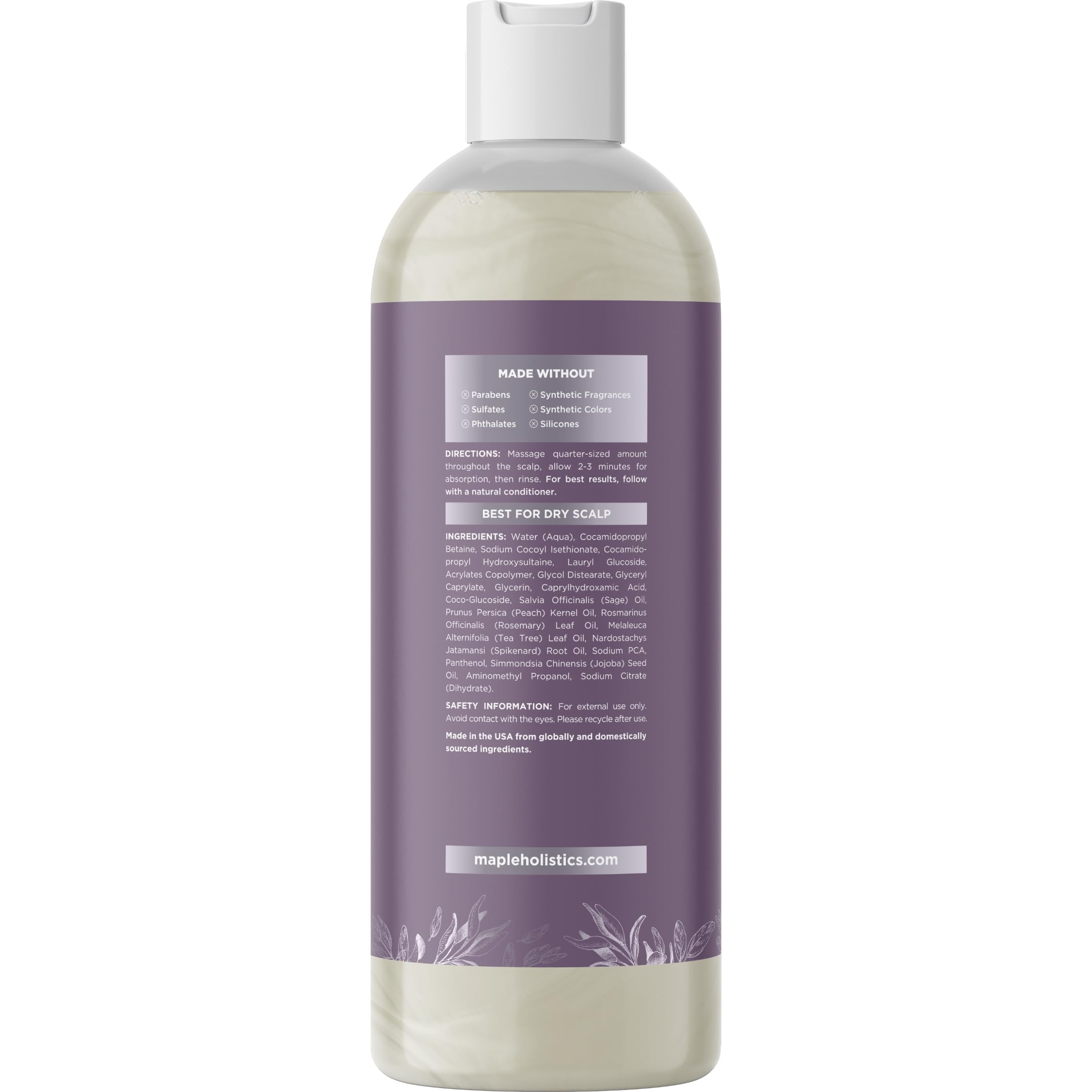 Maple Holistics Sage Rosemary Shampoo detailed label communicates essential oil ingredients.