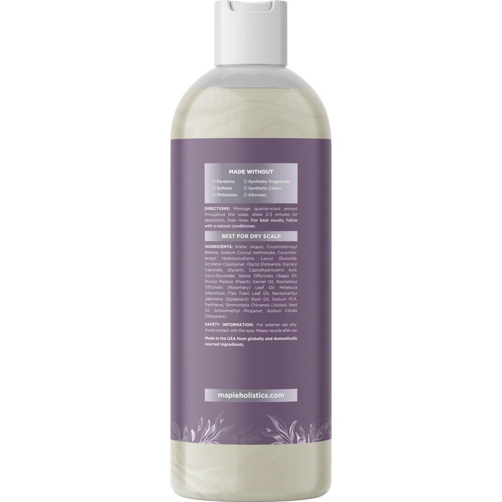 Maple Holistics Sage Rosemary Shampoo detailed label communicates essential oil ingredients.