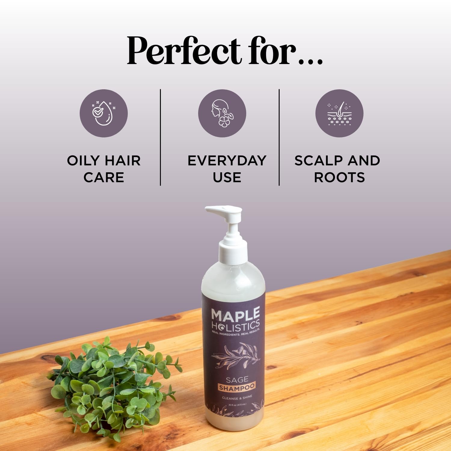 Maple Holistics Sage & Rosemary Shampoo ingredients layout featuring plant proteins and jojoba.