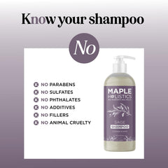 Maple Holistics Sage & Rosemary Shampoo label closeup highlighting natural oils for hair care.
