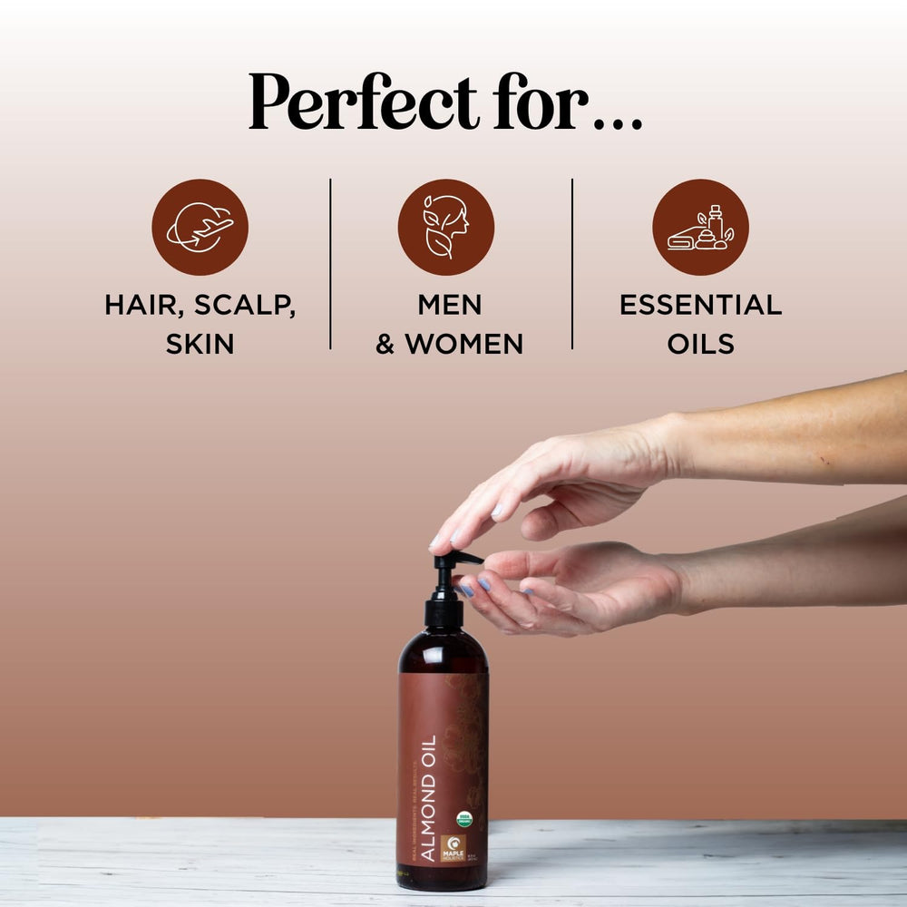Maple Holistics almond oil bottle pour demonstrates easy hydraton for dry skin