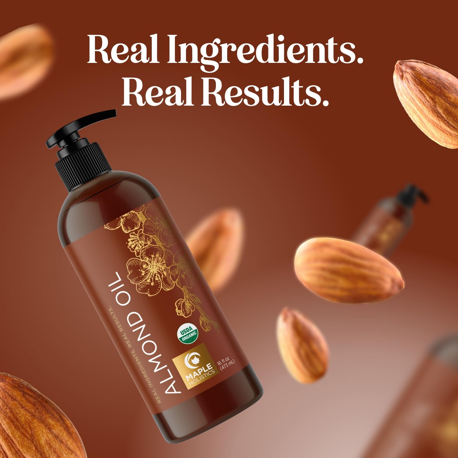 Maple Holistics almond oil texture drops illustrate light, fast-absorbing formula