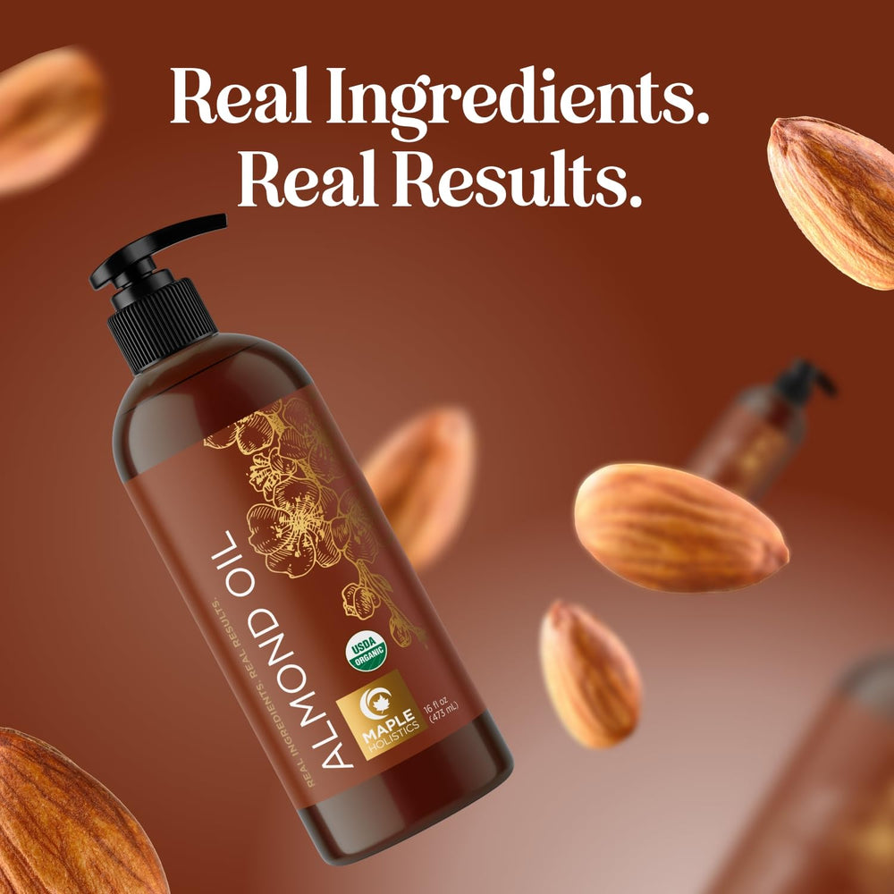 Maple Holistics almond oil texture drops illustrate light, fast-absorbing formula