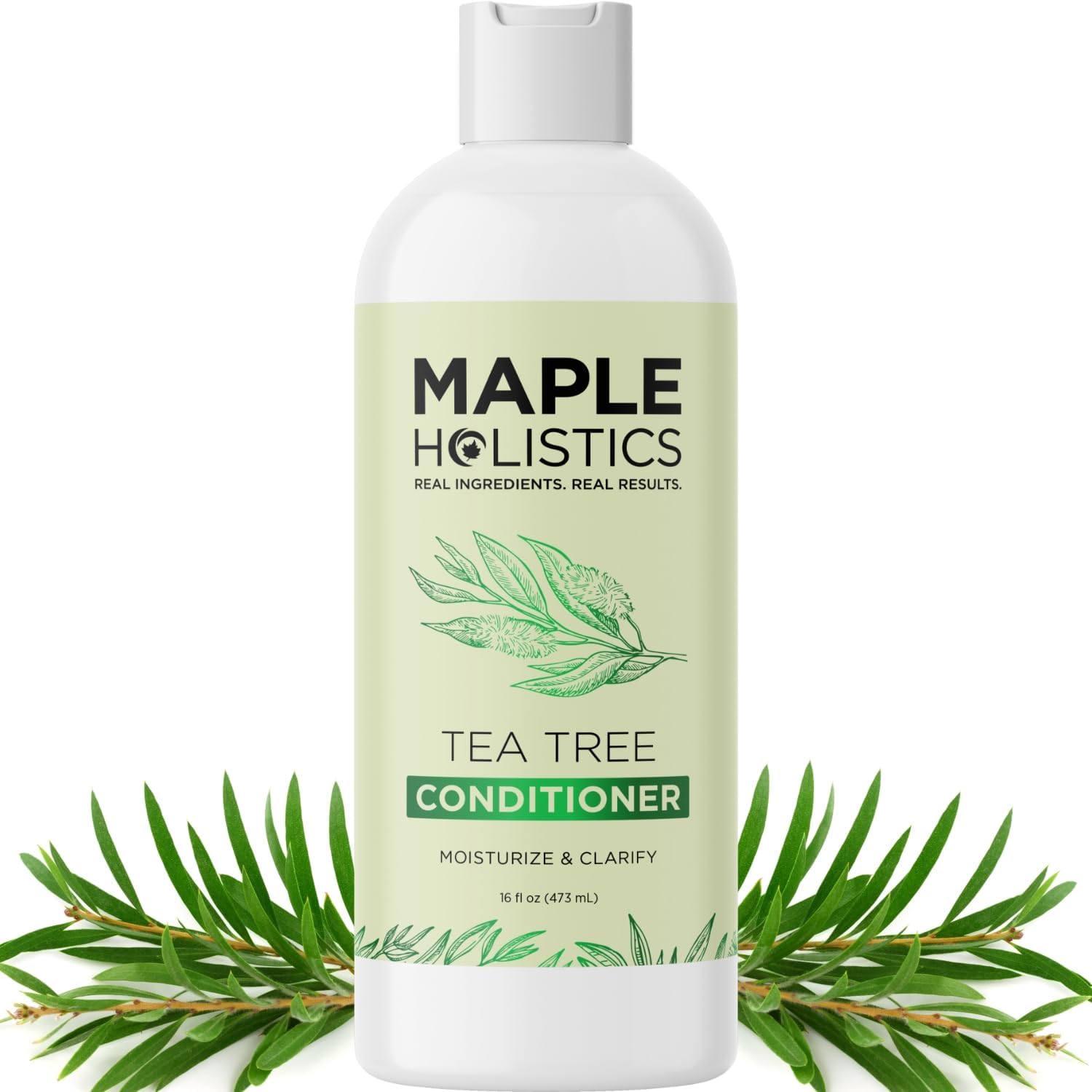 Maple Holistics Tea Tree Conditioner bottle shows sulfate-free formula for dry hair.