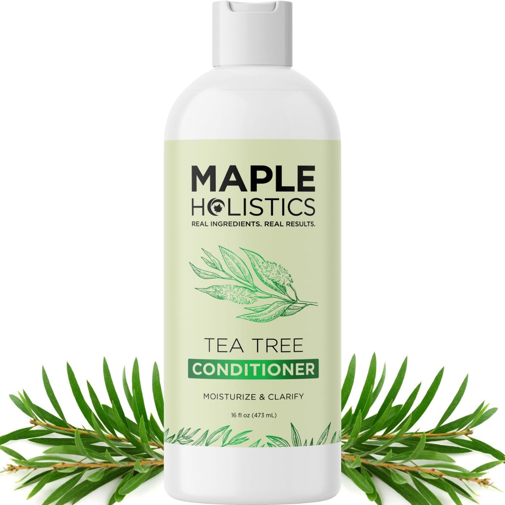 Maple Holistics Tea Tree Conditioner bottle shows sulfate-free formula for dry hair.