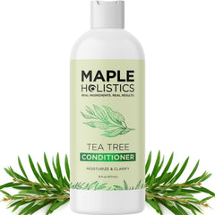 Maple Holistics Tea Tree Conditioner bottle shows sulfate-free formula for dry hair.