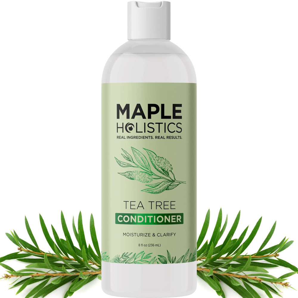 Maple Holistics Tea Tree Conditioner bottle highlights dry hair hydration