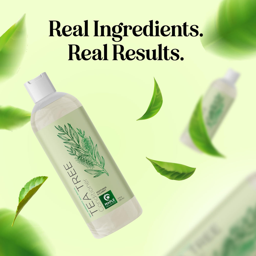 Close-up of Maple Holistics Tea Tree Conditioner pour for easy application on damaged hair
