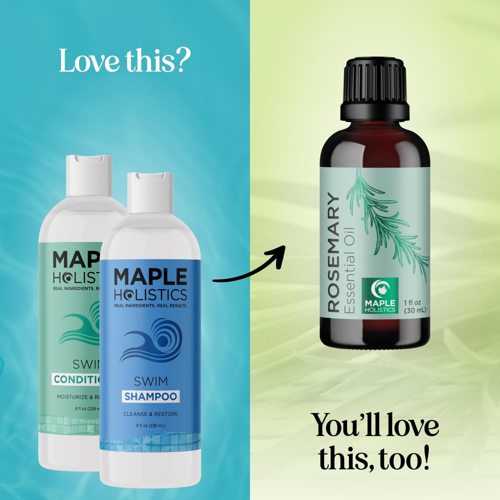 Maple Holistics tea-tree-oil shampoo label closeup nourishes scalp during pool season.