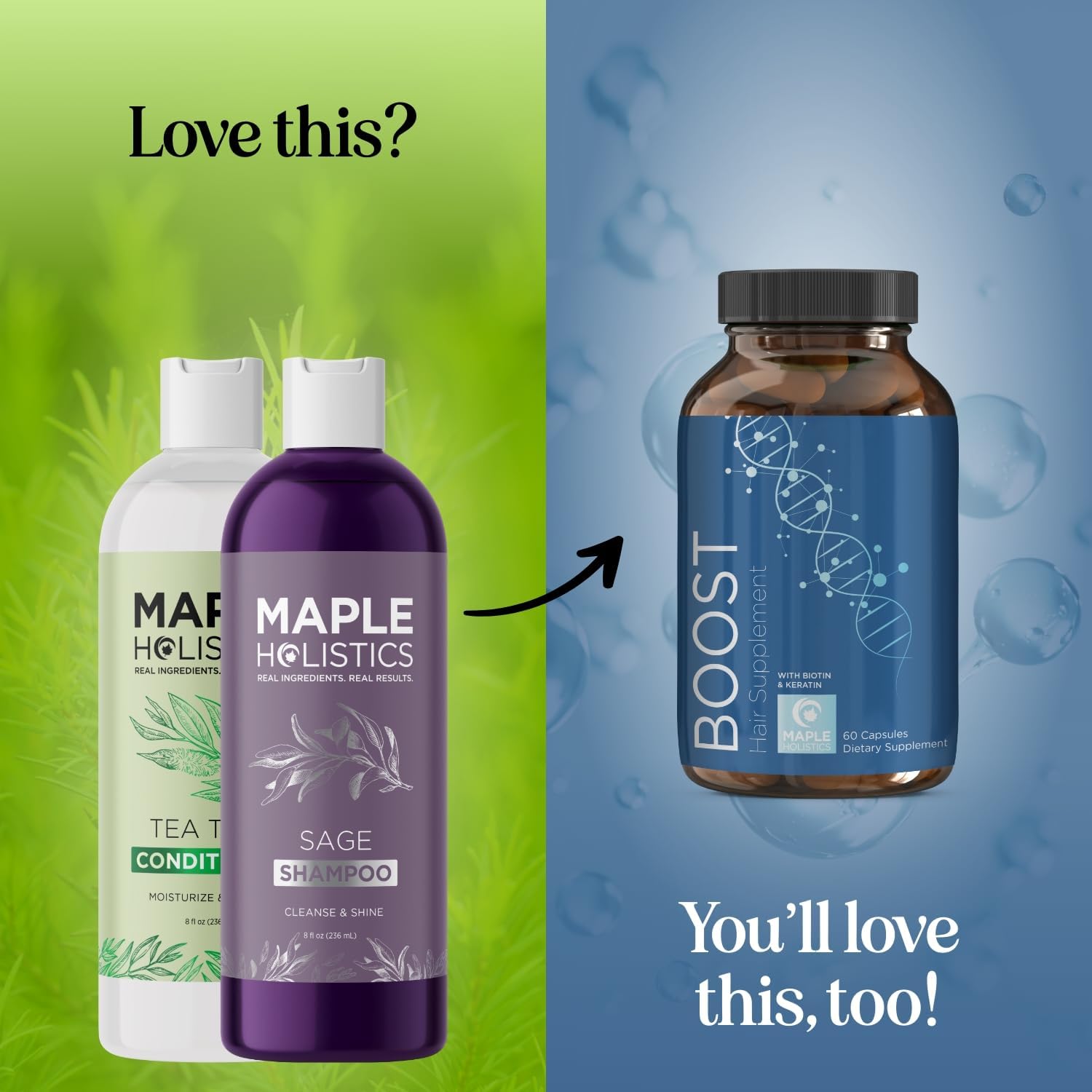 Maple Holistics sulfate-free shampoo and conditioner duo on display