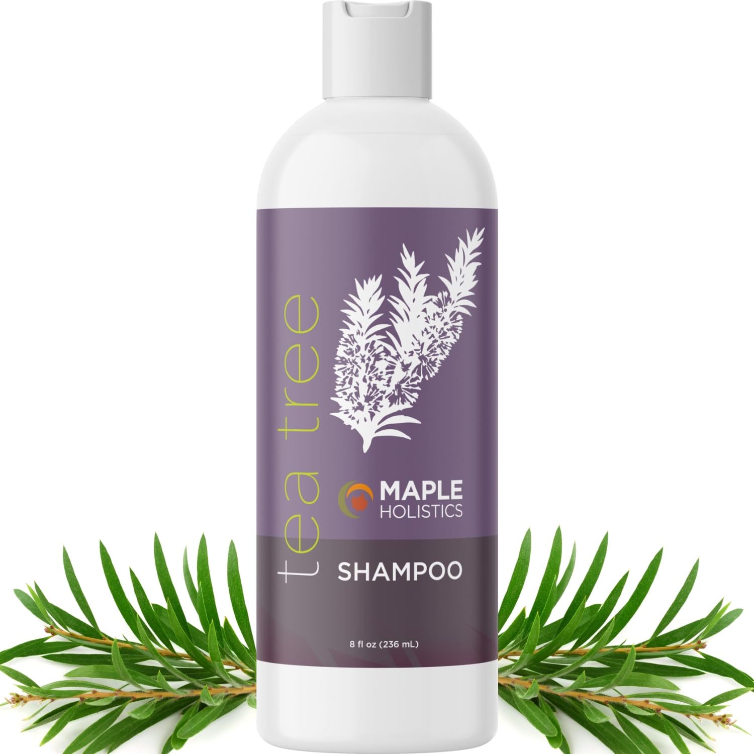 Maple Holistics Tea Tree Shampoo bottle pour clarifies oily scalp with a refreshing tea tree scent