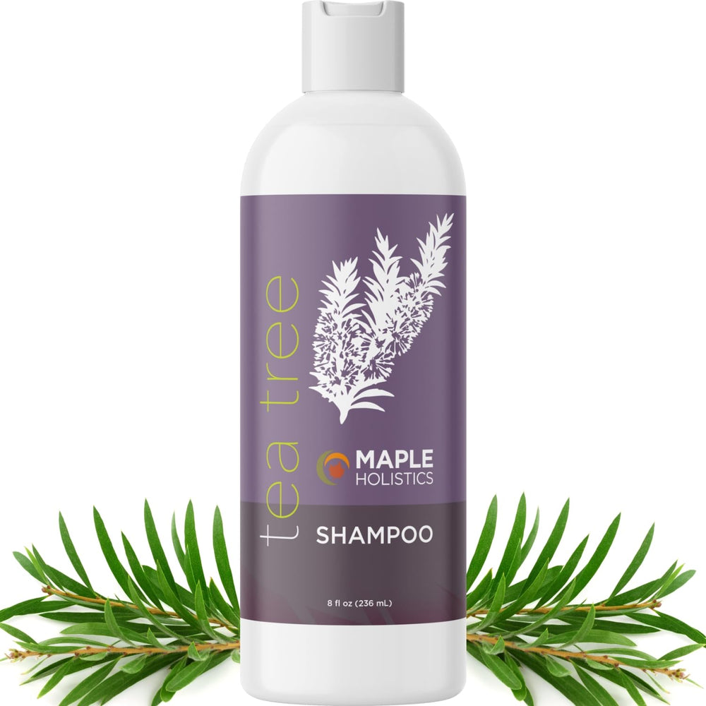 Maple Holistics Tea Tree Shampoo bottle pour clarifies oily scalp with a refreshing tea tree scent