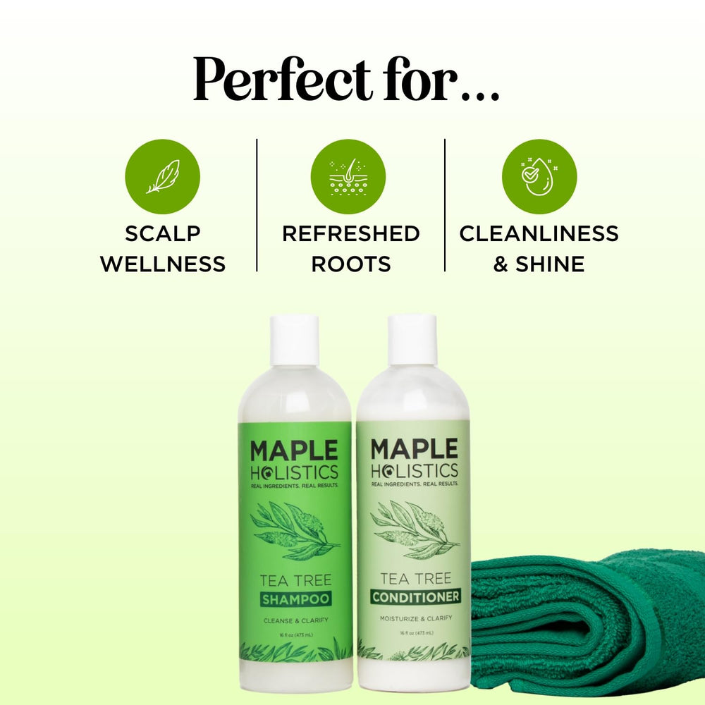 Maple Holistics Tea Tree Shampoo label closeup highlights clean sulfate-free formula