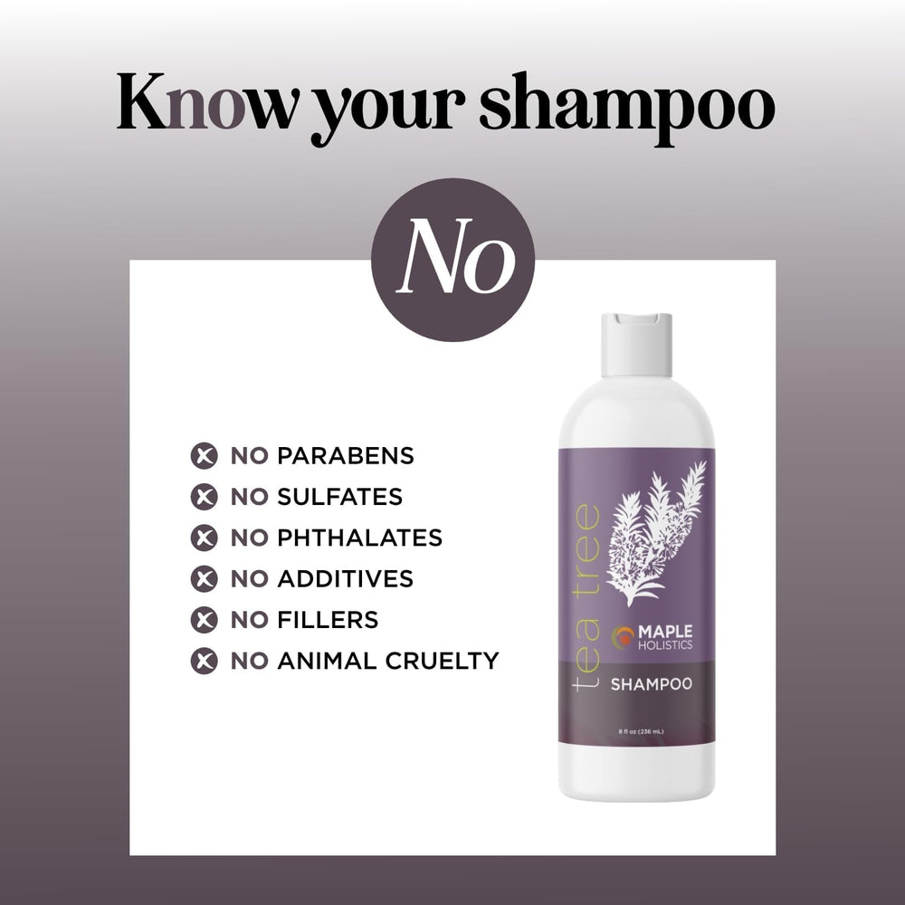Maple Holistics Tea Tree Shampoo label close up emphasizes sulfate and paraben free formula