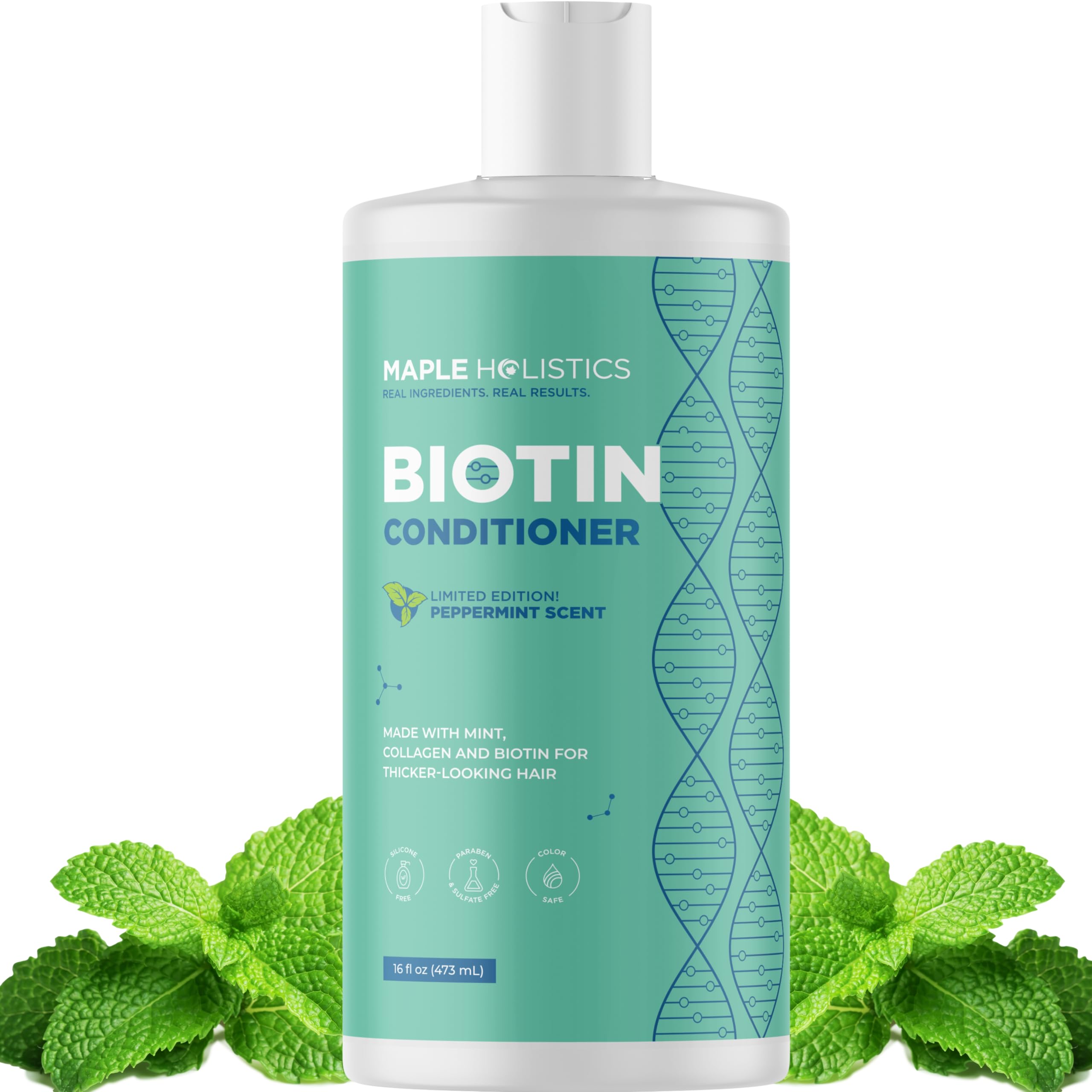 Maple Holistics volumizing biotin conditioner bottle with mint aroma for fuller-looking hair.