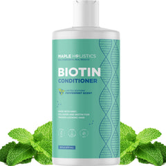 Maple Holistics volumizing biotin conditioner bottle with mint aroma for fuller-looking hair.