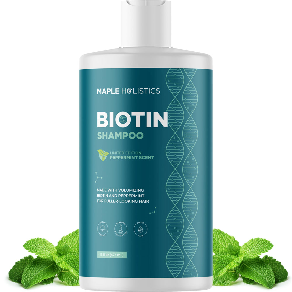 Maple Holistics volumizing biotin shampoo bottle promoting fuller-looking hair.