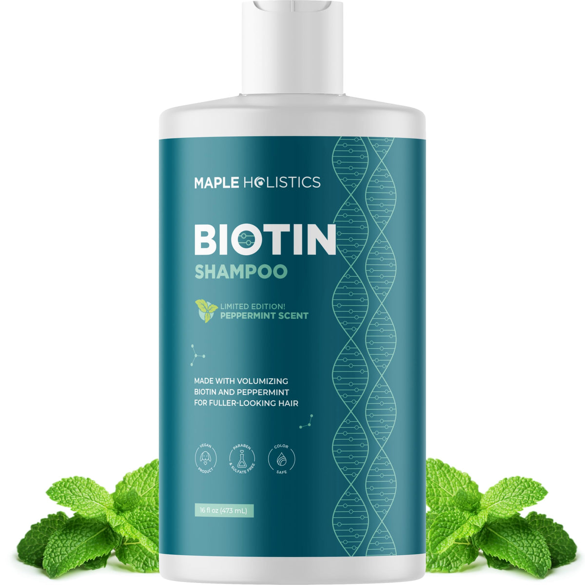 Maple Holistics volumizing biotin shampoo bottle promoting fuller-looking hair.