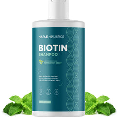 Maple Holistics volumizing biotin shampoo bottle promoting fuller-looking hair.