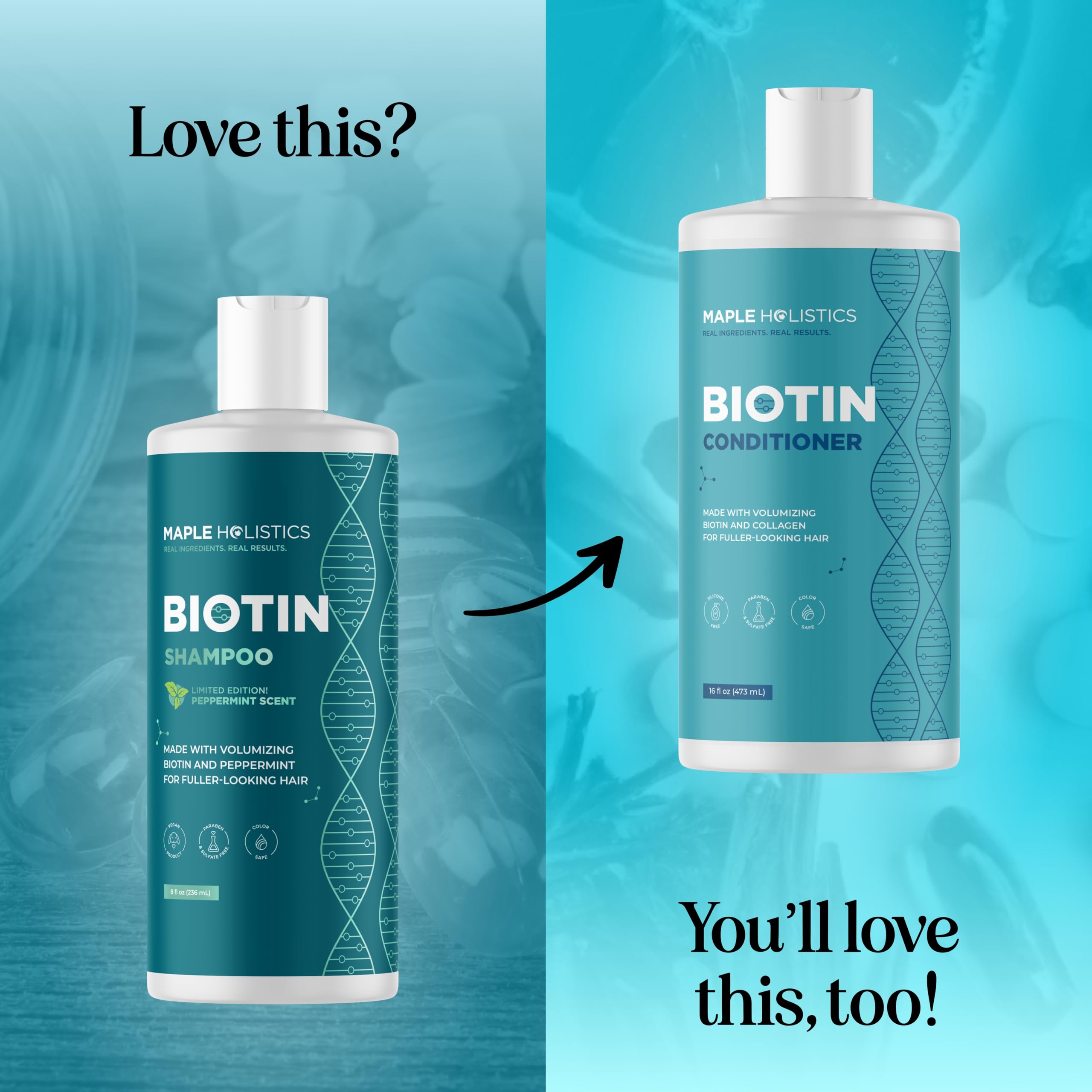 Maple Holistics ingredients panel featuring biotin and natural oils