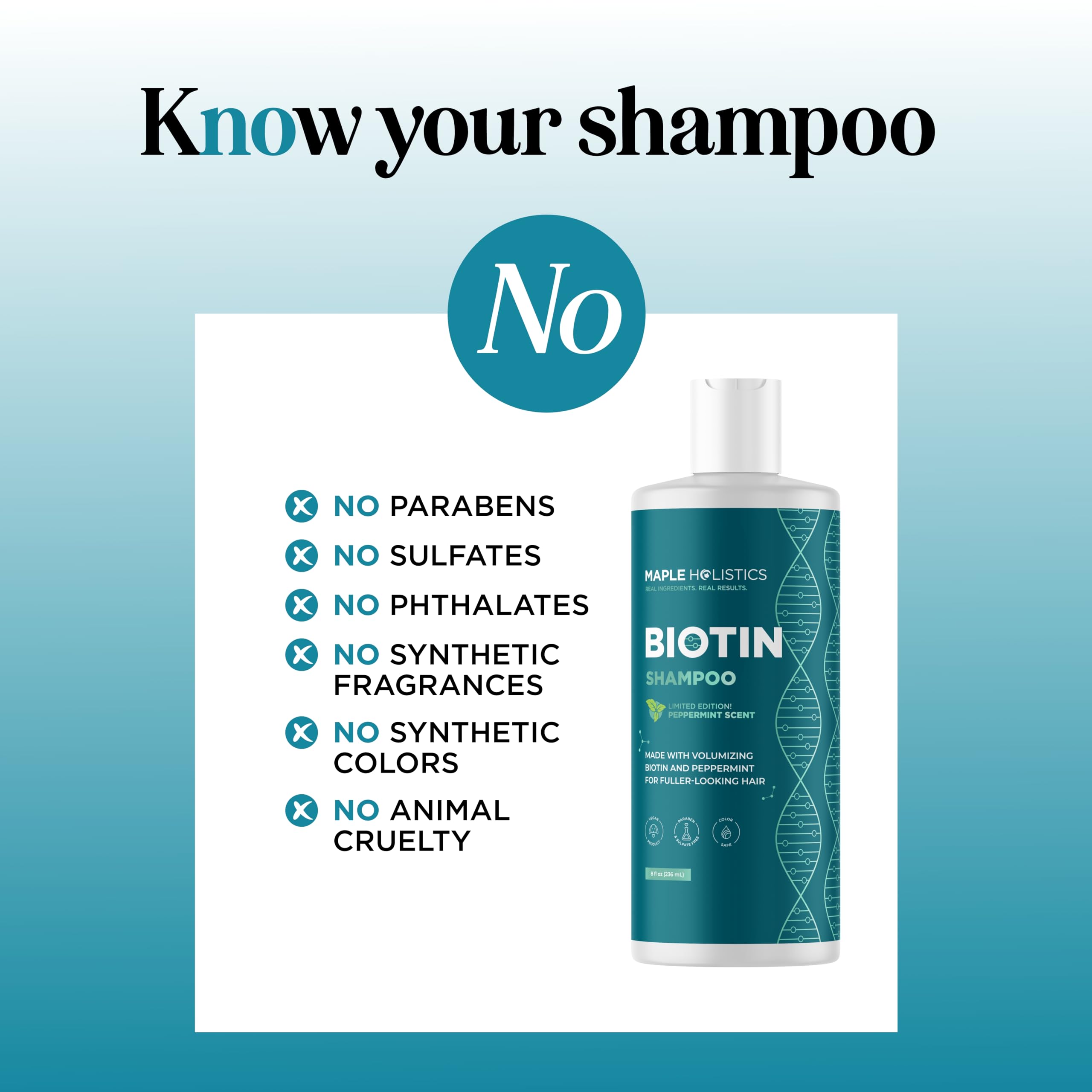 Maple Holistics shampoo label details with natural ingredients