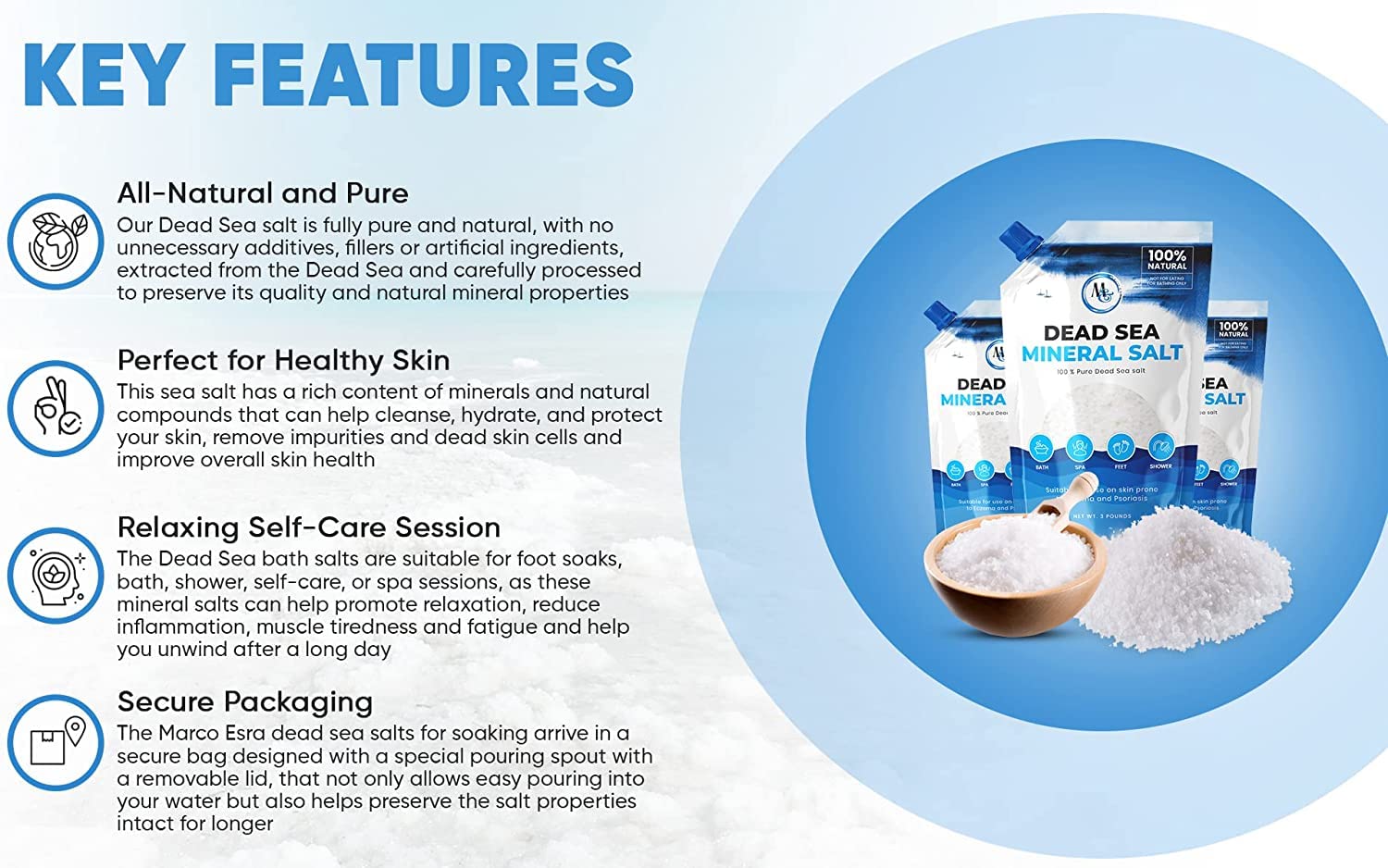 Marco Esra Dead Sea Salt for foot soak routine after work.