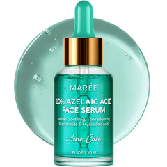 MAREE 10% Azelaic Serum bottle shows calming, even-toned skin potential.