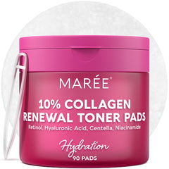 MAREE collagen acne clearing pads packaging shown, highlighting a complete hydrating toner routine
