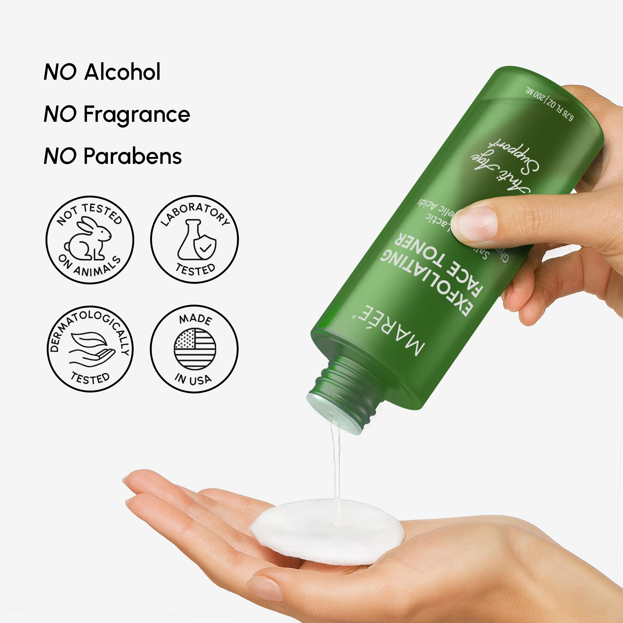MAREE Exfoliating Toner bottle setup shows sleek design for bathroom vanity