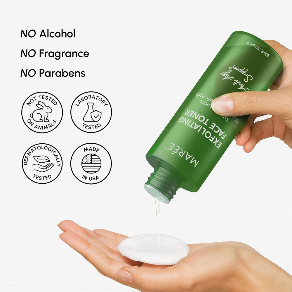 MAREE Exfoliating Toner bottle setup shows sleek design for bathroom vanity