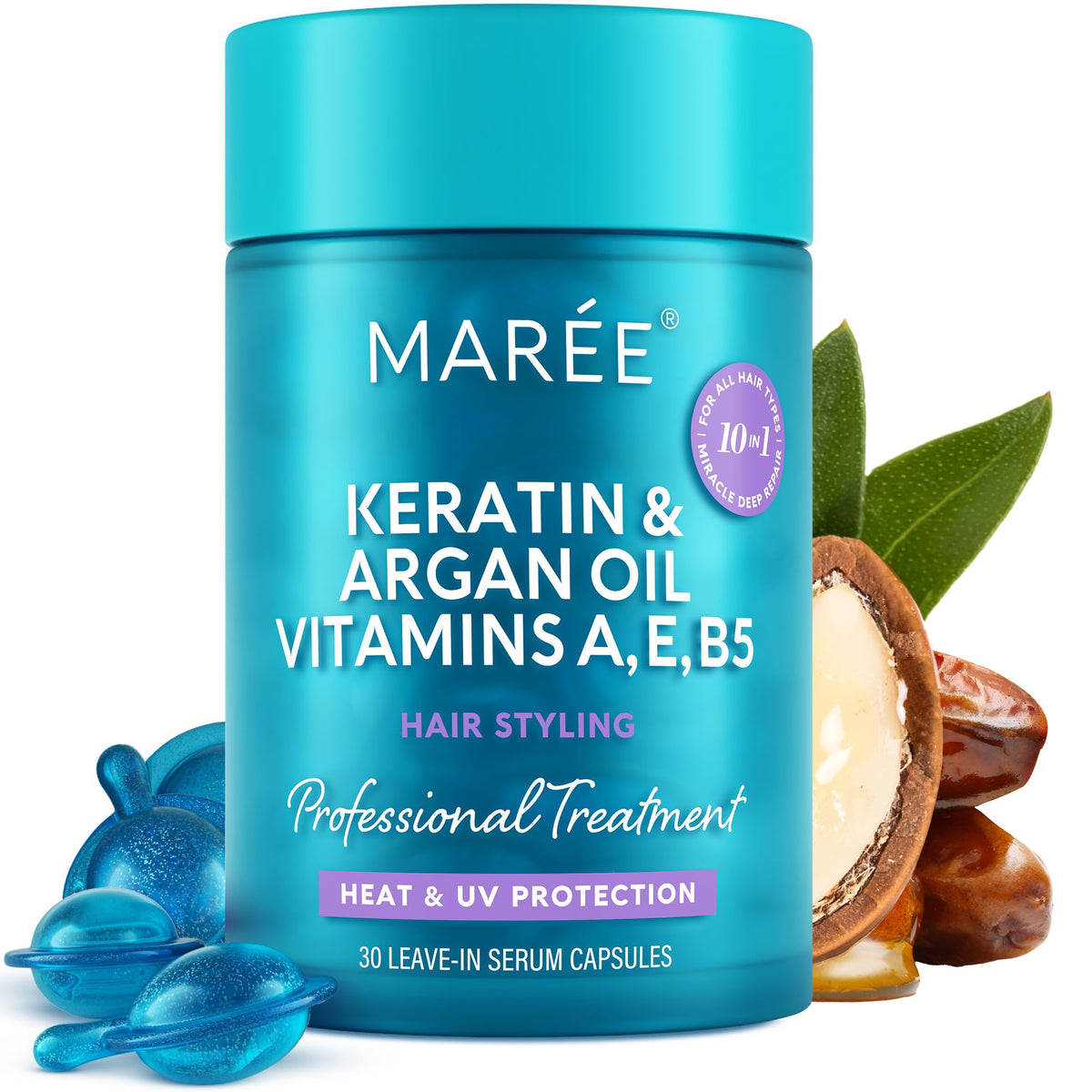 MAREE Hair Oil frizz capsules for smooth, glossy hair with frizz control.